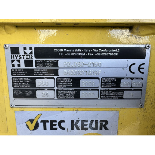 Liza electrica cu catarg HYSTER P2.0SD-2100  - 2.0T - 2008